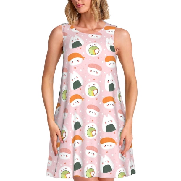 Fotbe Cute Sushi (2) Vestido de Verano sin Mangas para Mujer – Vestido Midi Línea A, Estilo Camiseta Floral, Vestido Playero Casual y Fluido
