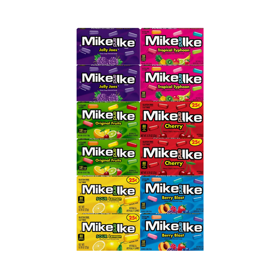 Variety Pack Mike and Ike Candy, 12 Pack, 2 of Each Flavor – Jolly Joes, Tropical Typhoon, Original Fruits, Cherry, Sour Lemon, Berry Blast – Chewy Fruity Candy, 0.78 oz Each