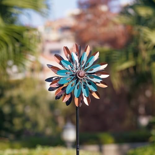360° Outdoor Metal Wind Spinners Kinetic Wind Sculptures & Spinners for Yard Garden Lawn Patio Decorations, Blue & Bronze