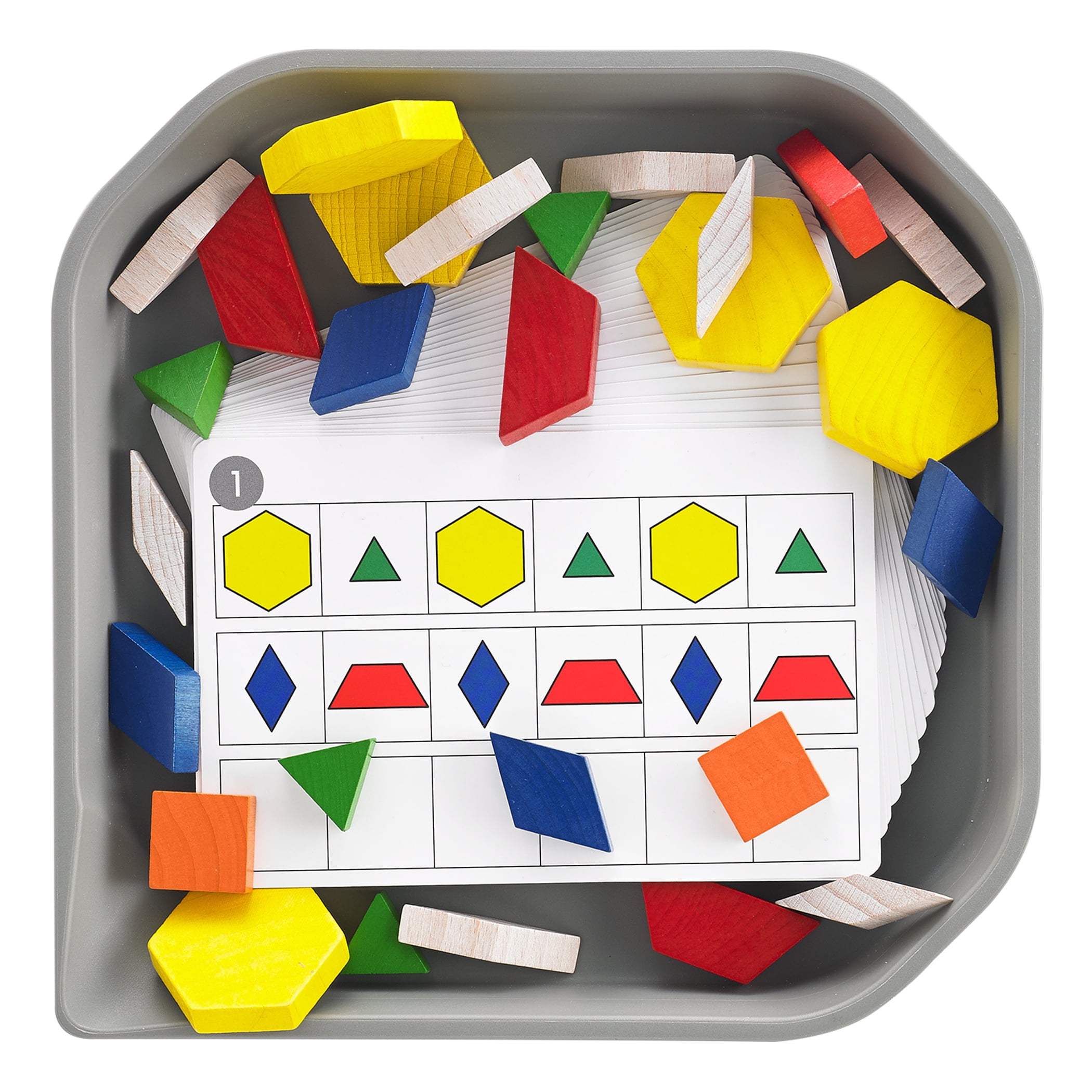 edxeducation FunPlay Pattern Blocks - Set of 60 Wooden Math Manipulatives + 50 Activities + Messy Tray