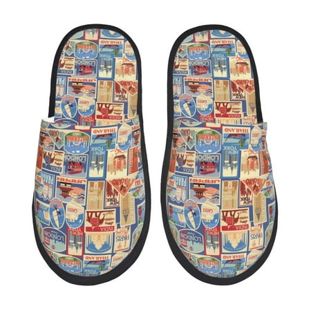 

Fuzoiu Set Of Travel Vintage Print Unisex Furry Slippers Plush Indoor Shoes Trendy House Slippers Anti-Skid EVA Sole House Shoes for Home Office and Travel -Large