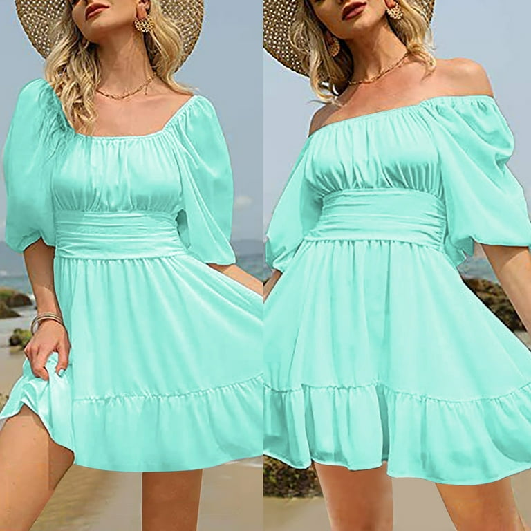 LEEy-World Midi Dresses for Women Women's V Neck Lace Ruffle Cap Sleeve Belted High Waist Flared Hem A Line Dress Green,XL