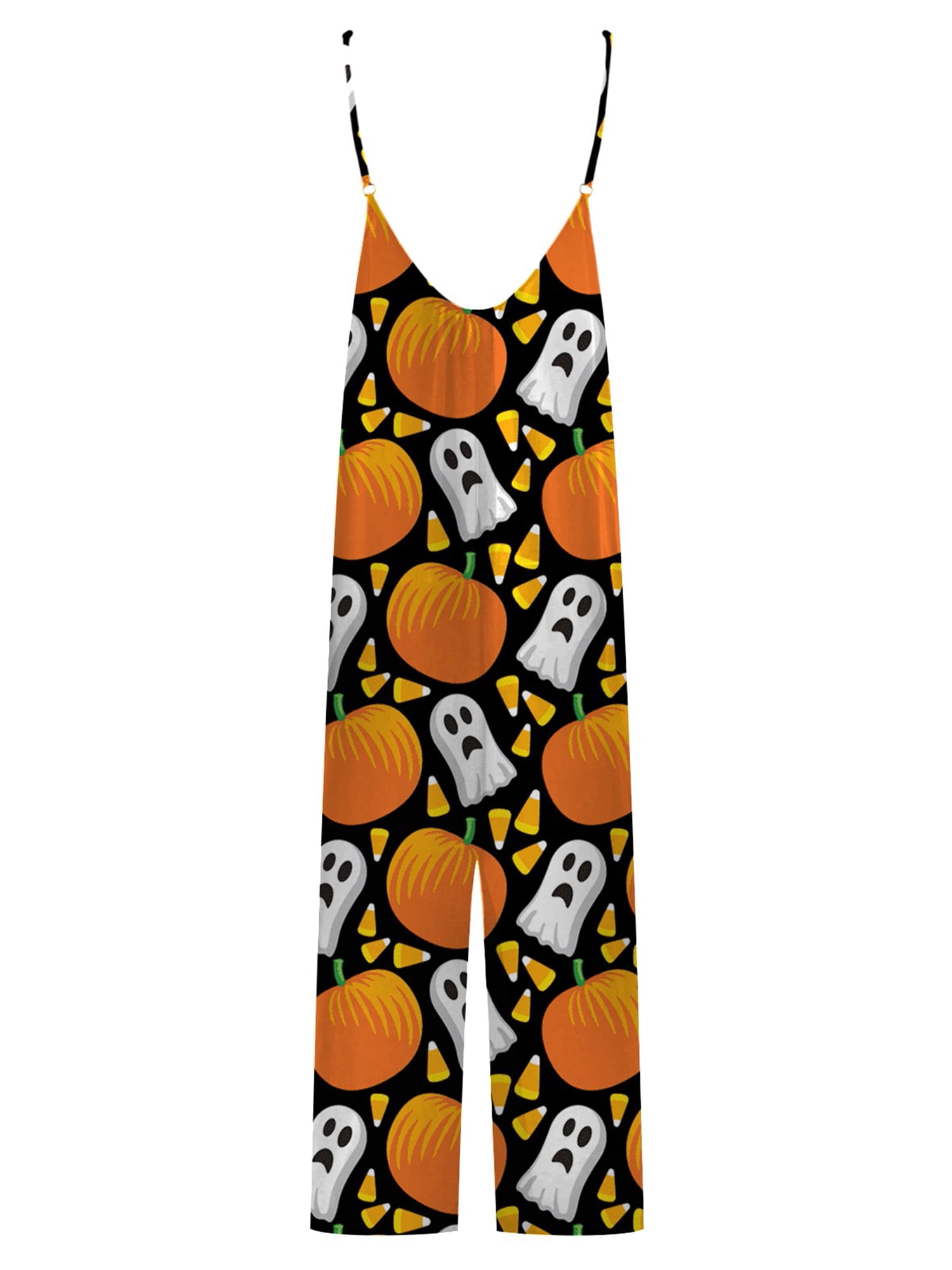 Women's Halloween Strap Jumpsuit Sleeveless One Piece Pumpkin Bat Cat Romper Playsuit Spaghetti Strap Baggy Overalls Pants
