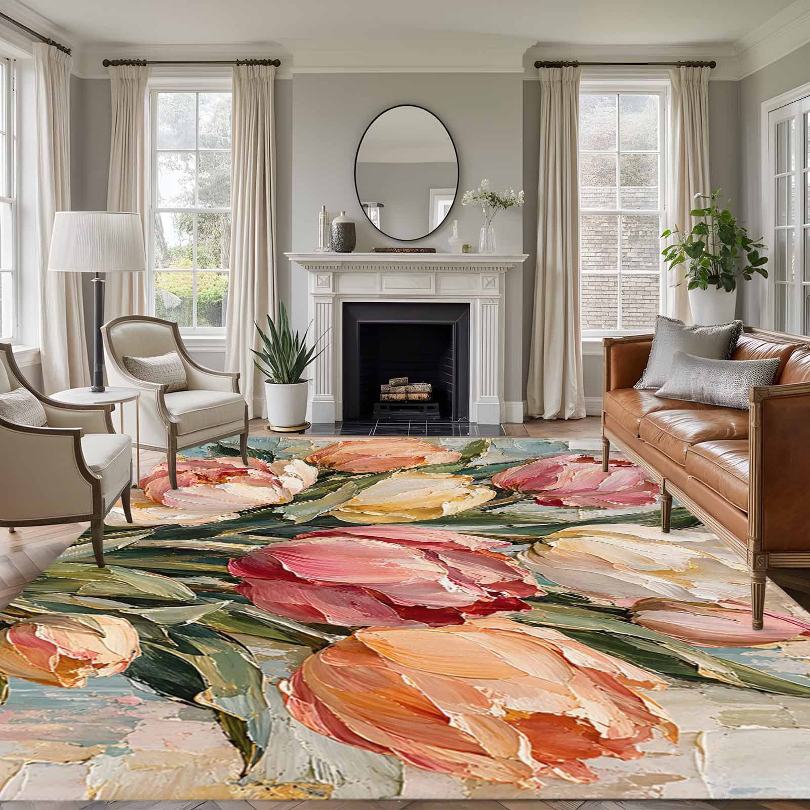 Rectangle Rug 5x7ft Area Rug Rustic Tulip Flower Area Rugs for Living Room Bedroom Blossom Floral Oil Painting Art Floor Mat Non-Slip Non-Shedding Carpet Indoor Accent Rugs