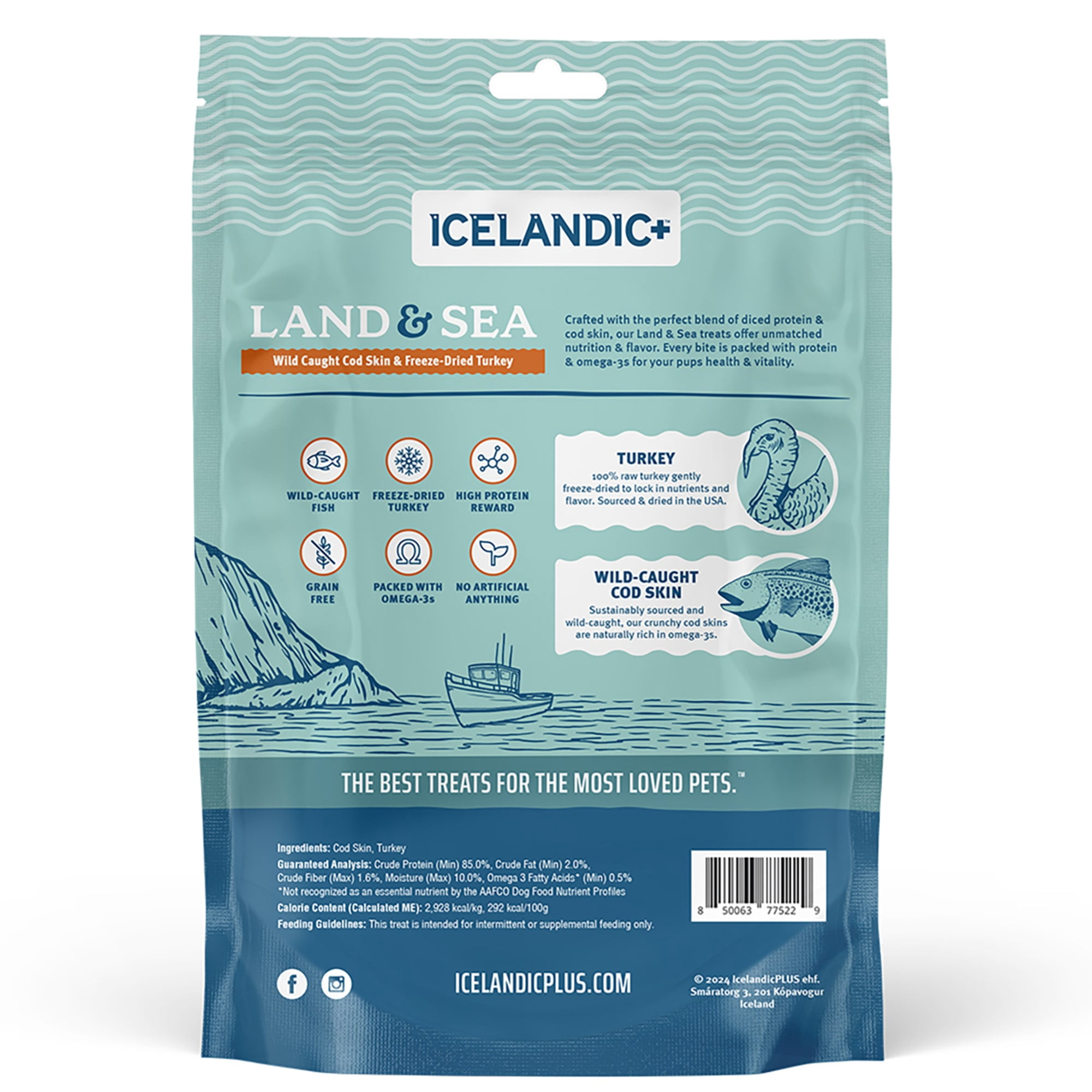 Icelandic+ Land & Sea Wild Caught Cod Skin & Freeze-Dried Turkey - 2.4oz Bag, Dog Treat & Food Topper, 2 Ingredients, No Preservatives, All Natural