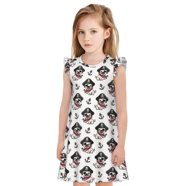 Fotbe DOG IS WEARING PIRATE COSTUME Vestido de Dormir para Niñas de 3 a 10 Años, Mangas Cortas, Estilo Princesa, Pijama Camisón con Mangas Voladas-Small