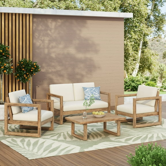 Noble House Set of 4 Acacia Wood Outdoor Chat Sets with Cushions, Brown/Beige