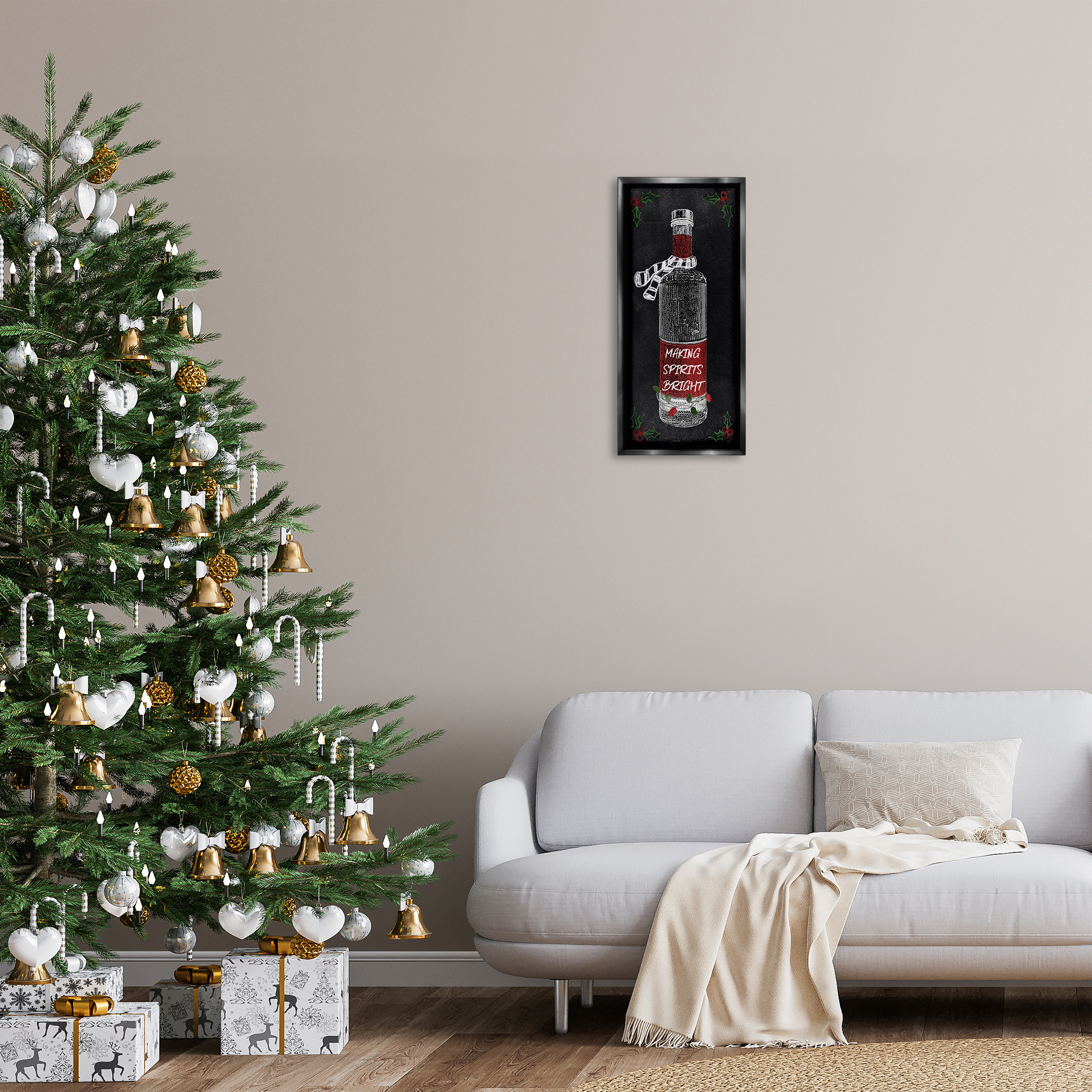 Stupell Industries Making Spirits Bright Bottle Holiday Painting Black Floater Framed Canvas Art Prints Wall Art, 11 x 25