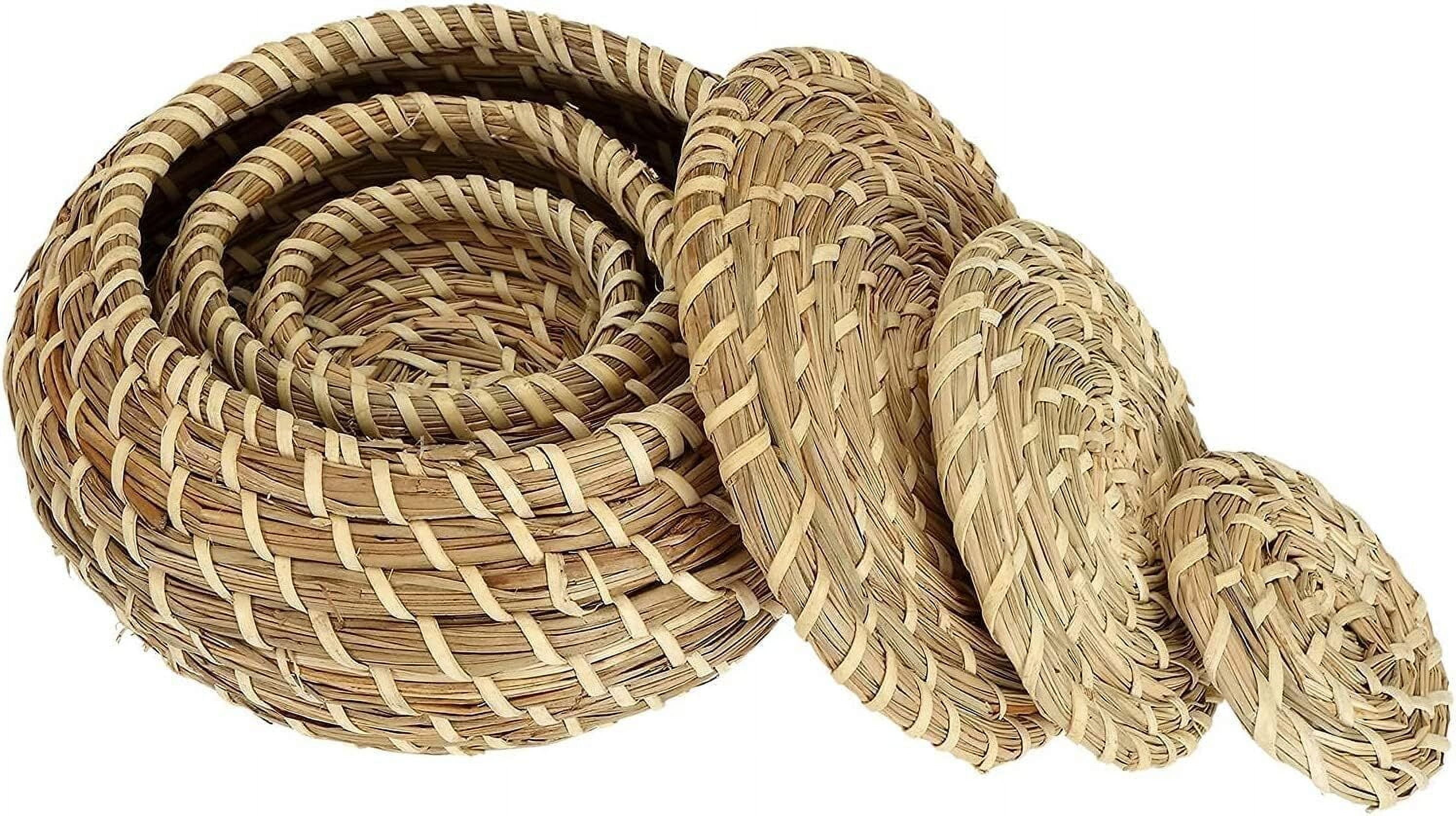 LQQBOX Set of 3 Small Wicker Basket with Lid, Round Woven Seagrass Baskets, Little Handmade Rattan Storage Basket Box for Shelf, Home, Bathroom Decor