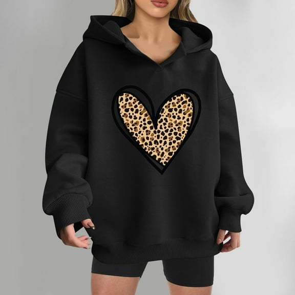 Homenesgenics Hoodies for Women Graphic Design Womens Hoodies Fashion Women's Casual Loose Print Blouses V-Neck Long Sleeved Hooded Sweatshirt Black S