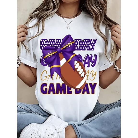 Women's Shirt Game Day Football Print Purple Bow Graphic Tee Casual Fall Sports Fan Gift For Her
