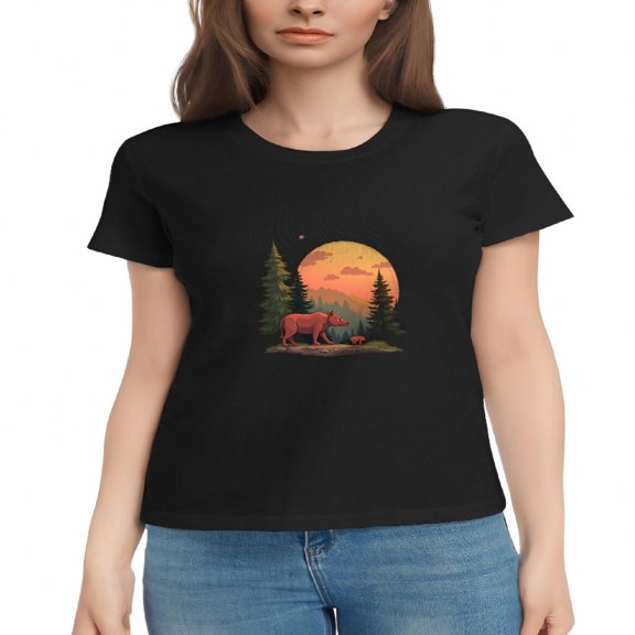 Women's Cotton Short Sleeve T-Shirts - Serene Forest Scene with Red Moon & Bear Design Nature-Inspired Tee Tops