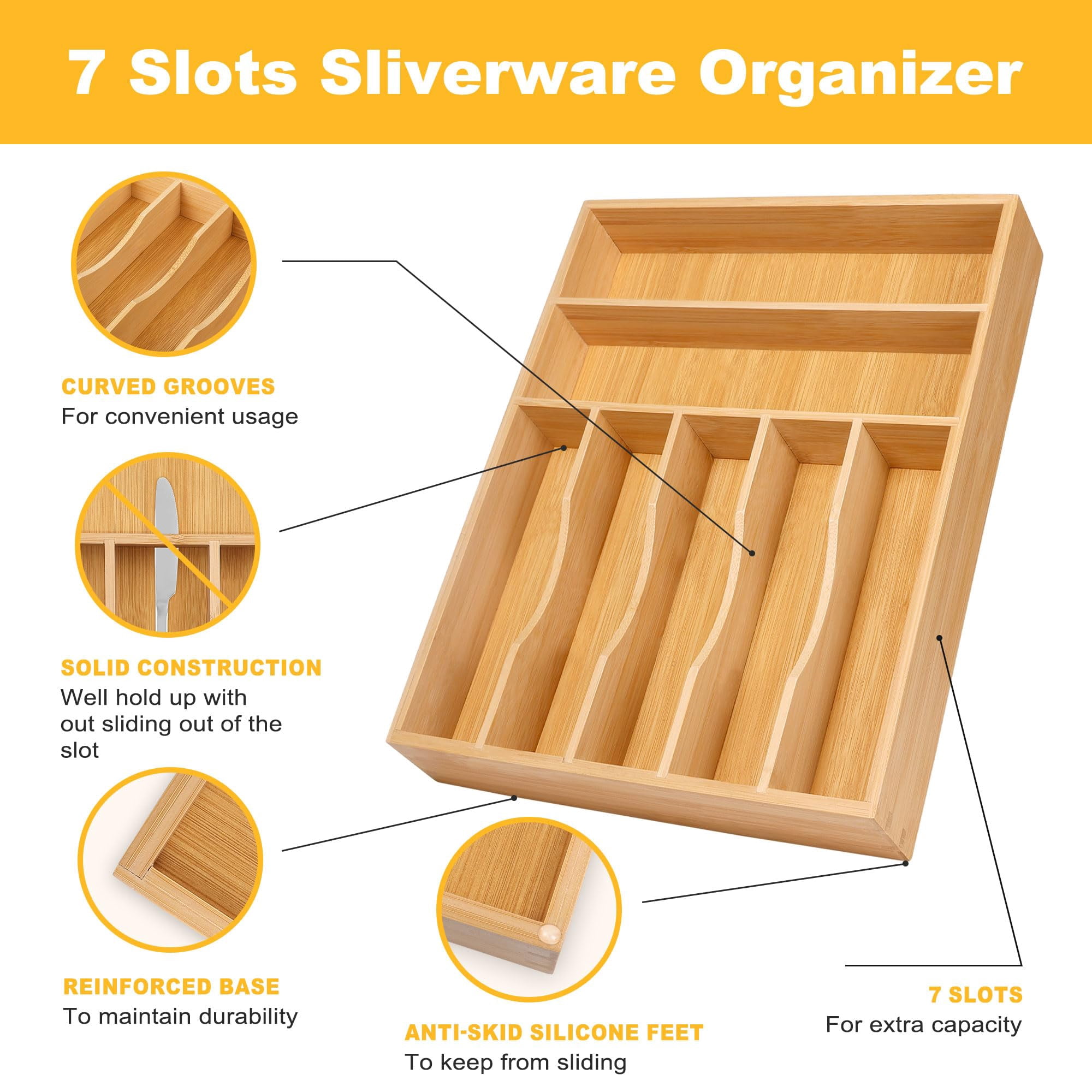 Kitchen Silverware Organizer  Drawer - Utensil Holder And Cutlery Tray With Grooved Dividers For Flatware 7 Slot