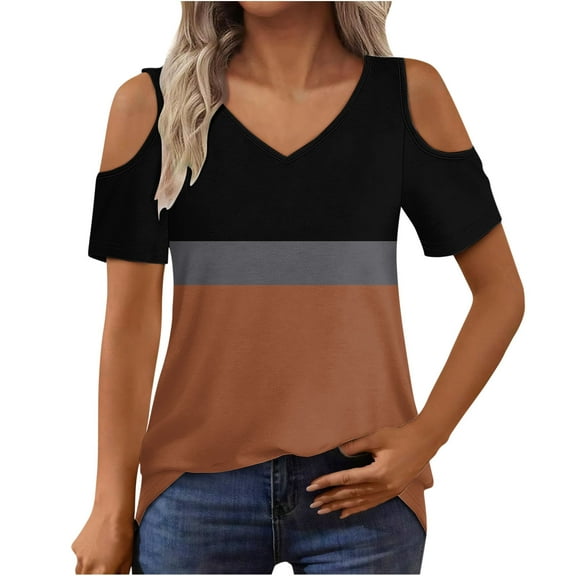 CHGBMOK Womens Shirts V Neck Short Sleeve Cold Shoulder Basic Tee Tops
