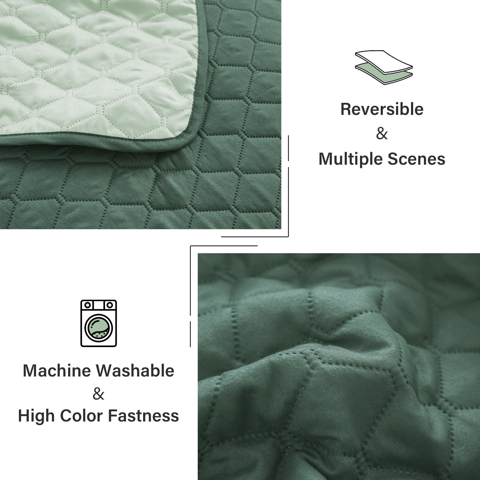 Exclusivo Mezcla King Size Quilt Set, 3-Piece Lightweight King Quilts Soft Bedspreads Bed Coverlets, Dark Green, 104"x96"