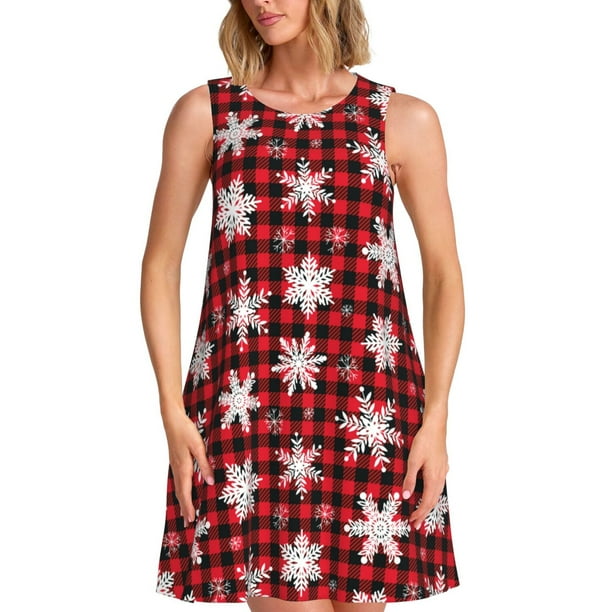 Balery Snowflake red plaid Vestidos de verano para mujer con estampado: vestido holgado sin mangas, vestido playero informal y cómodo para días calurosos.