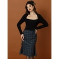 thumbnail image 2 of Falda midi con Fishtail Dobladillo y Cintura Alta con Tela de Cuadros para Mujer Falda Elegante Azul verde XS, 2 of 5