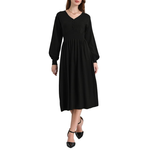 Vestido de suéter A-Line para mujer INSPIRE CHIC 2025 con cuello en V, manga larga, tejido acanalado, talla XL, color negro