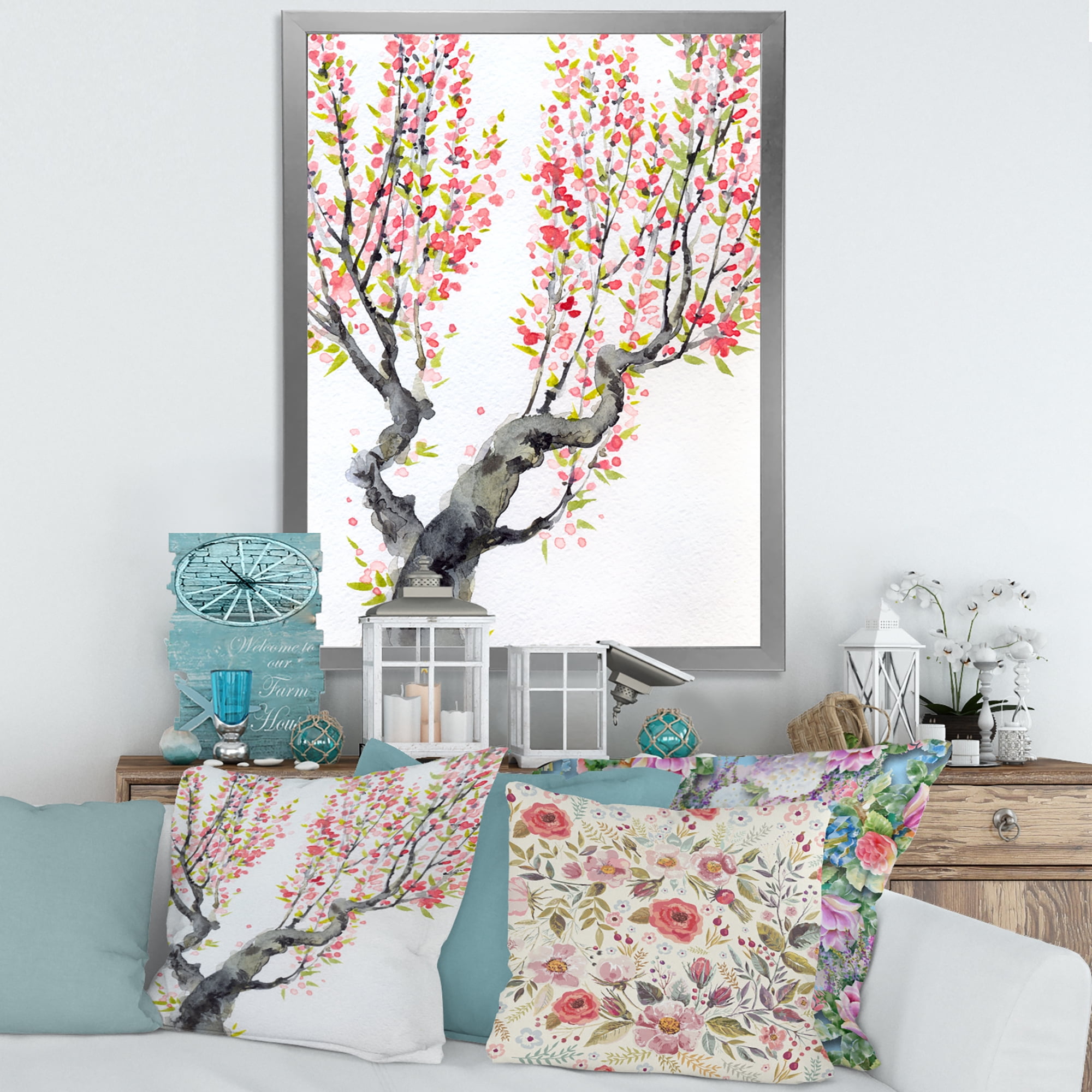 Designart 'Red Spring Flowers On Tree Branches' Traditional Framed Art Print