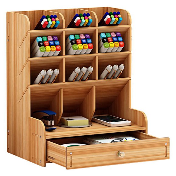 eccomum Wooden Desktop Organizer Multi-functional Pen Holder Storage Box Desktop Stationary Storage Organizer with Drawer for Home Office School