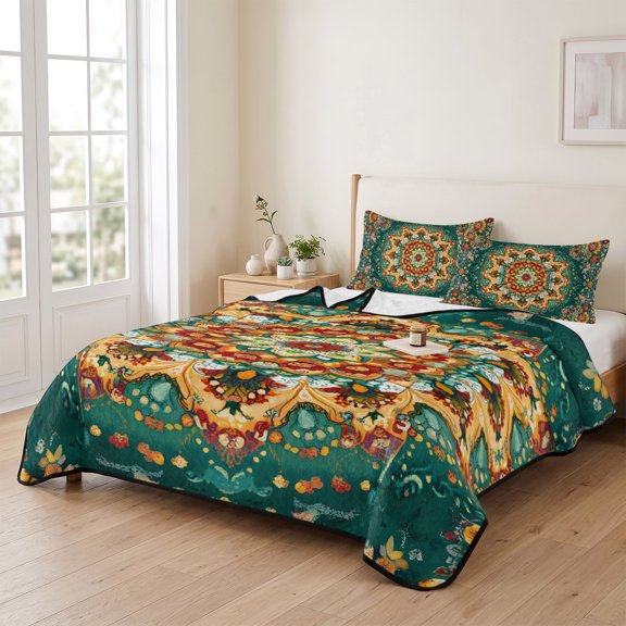 Abstract Bohemia Flower 3 Pieces Quilt Set,1 Quilt with 2 Shams,Retro Boho Floral Totem Bedspread Soft Lightweight Bedding Coverlet Comforter Set for All Season 90"x96"