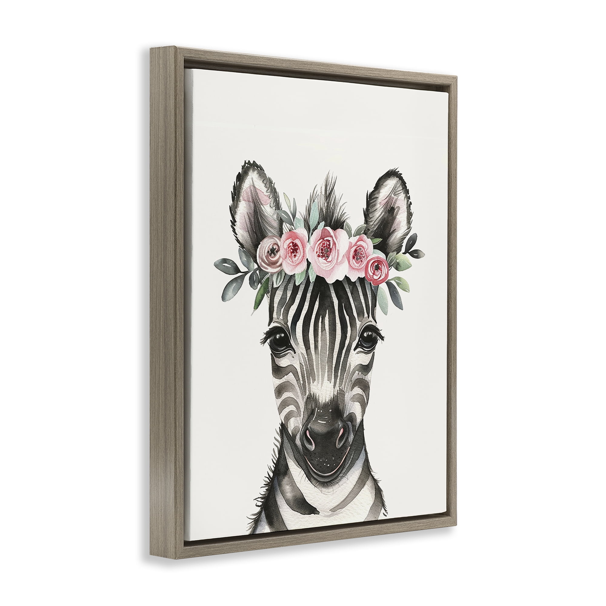 Stupell Industries Nursery Floral Zebra Animals Painting Brown Floater Framed Canvas Art Print Wall Art, 17 x 21