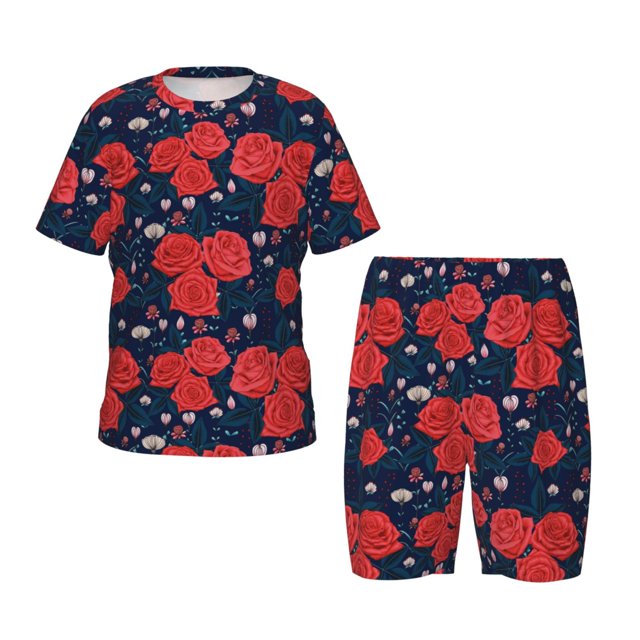 Fotbe Rose Flower Pijama Estampada de 2 Piezas para Niños – Ropa de Dormir de Manga Corta Cómoda para Niños y Niñas, Camiseta y Shorts de Algodón-Medium