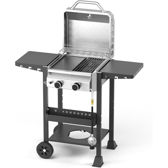 16000 BTU 2-Burner Propane Grill, Stainless Steel BBQ Grill with Cast Iron Frying Pan and Grates Combo, for Patio Backyard Outdoor Cooking