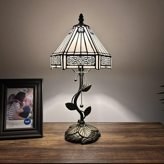 Tiffany Table Lamp White Stained Glass Hexagon LED Bulb Included for Living Room Bedroom Bedside 8"W*8"D*16"H