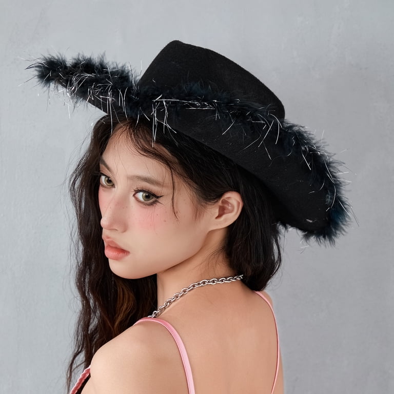 Cowboy Hat with Feather Trim - Party Headpiece Festival Cowgirl Hat One Size Amazon.com: Zodaca White Cowboy Hat - Cowgirl Hat with  main image 2
