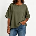 thumbnail image 4 of RQYYD Womens Short Sleeve Round Neck Tops Casual Henley Button Blouses Linen Blend Tee Shirts Clothes, 4 of 7