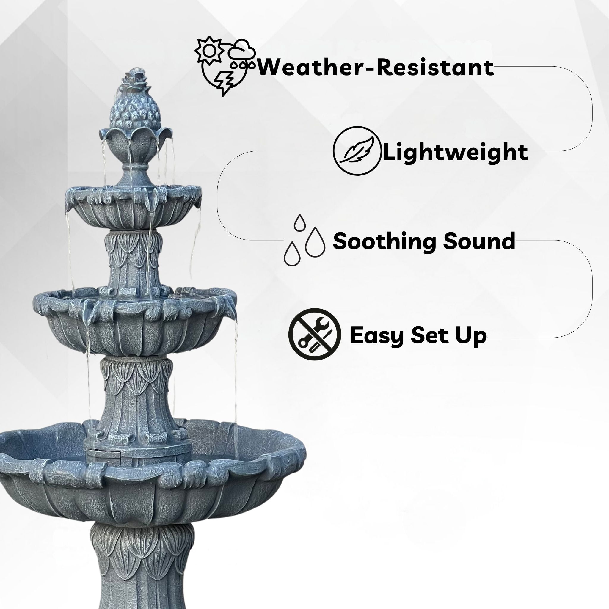 58.3" 3-Tier Electric Outdoor Freestanding Water Fountain - Classic Leaf Design, Gray Resin with Pump