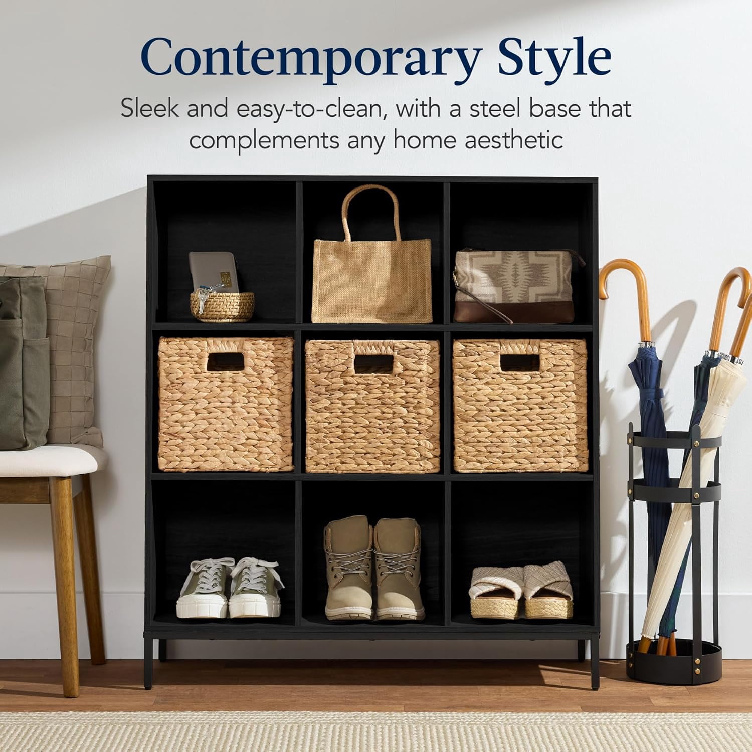 9-Cube Bookshelf, 3-Tier Wood Storage Bookcase W/Legs, 11in Shelf Opening, Cube Organizer, Living Room, Office, Nursery – Black