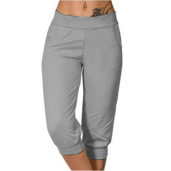 Women's Summer Capri Pants 3/4 Length Cropped Pants with Pockets Solid Color Loose Fit Activewear Yoga Pants Gray S