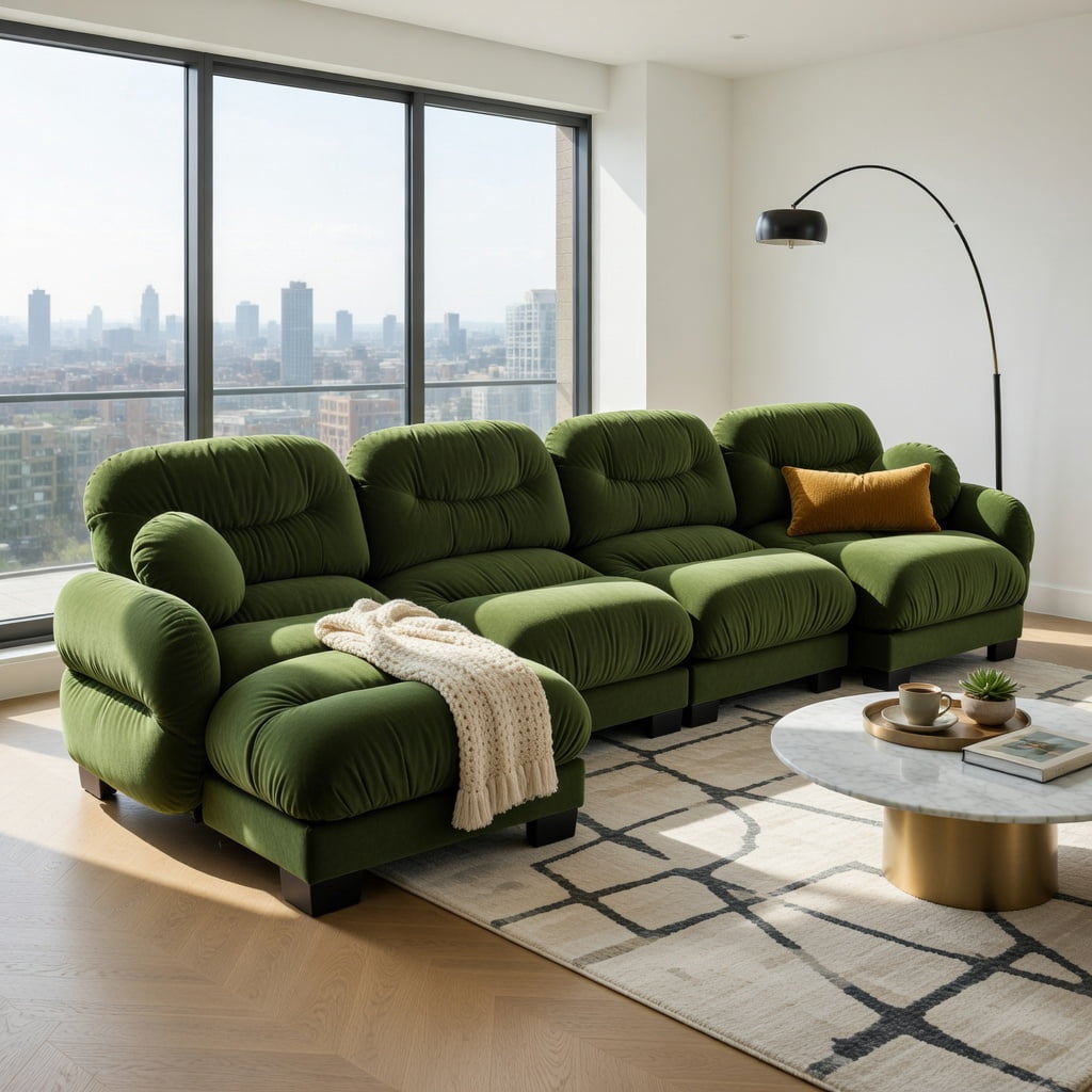Hommoo Chenille L-Shaped Modular Sectional Sofa with Ottoman, 4-Seat Pleated Design, High-Density Ergonomic Foam, Curved Armrests & 2 Throw Pillows, Green