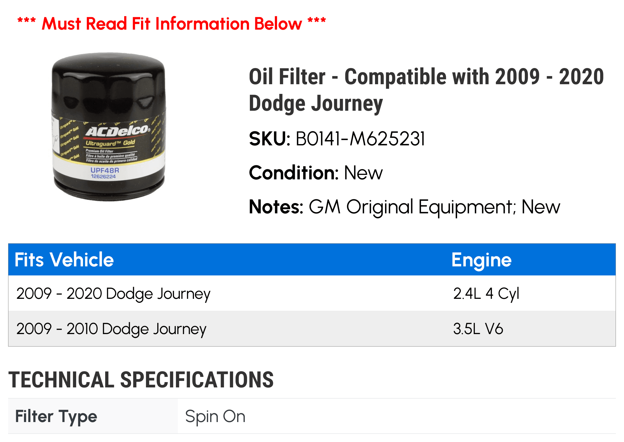 Oil Filter - Compatible with 2009 - 2020 Dodge Journey - AC Delco