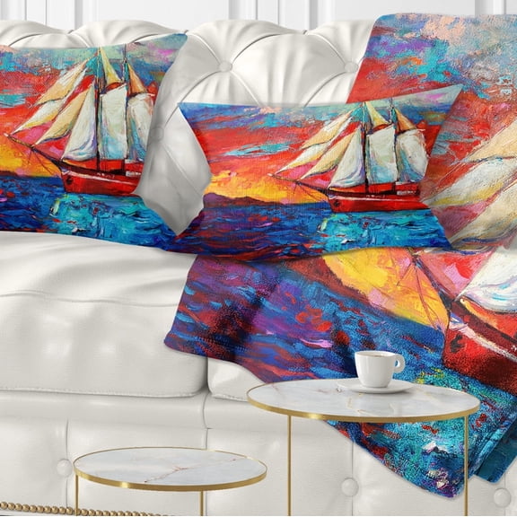 Designart Sail Ship During Sunset - Seascape Throw Pillow - 12x20