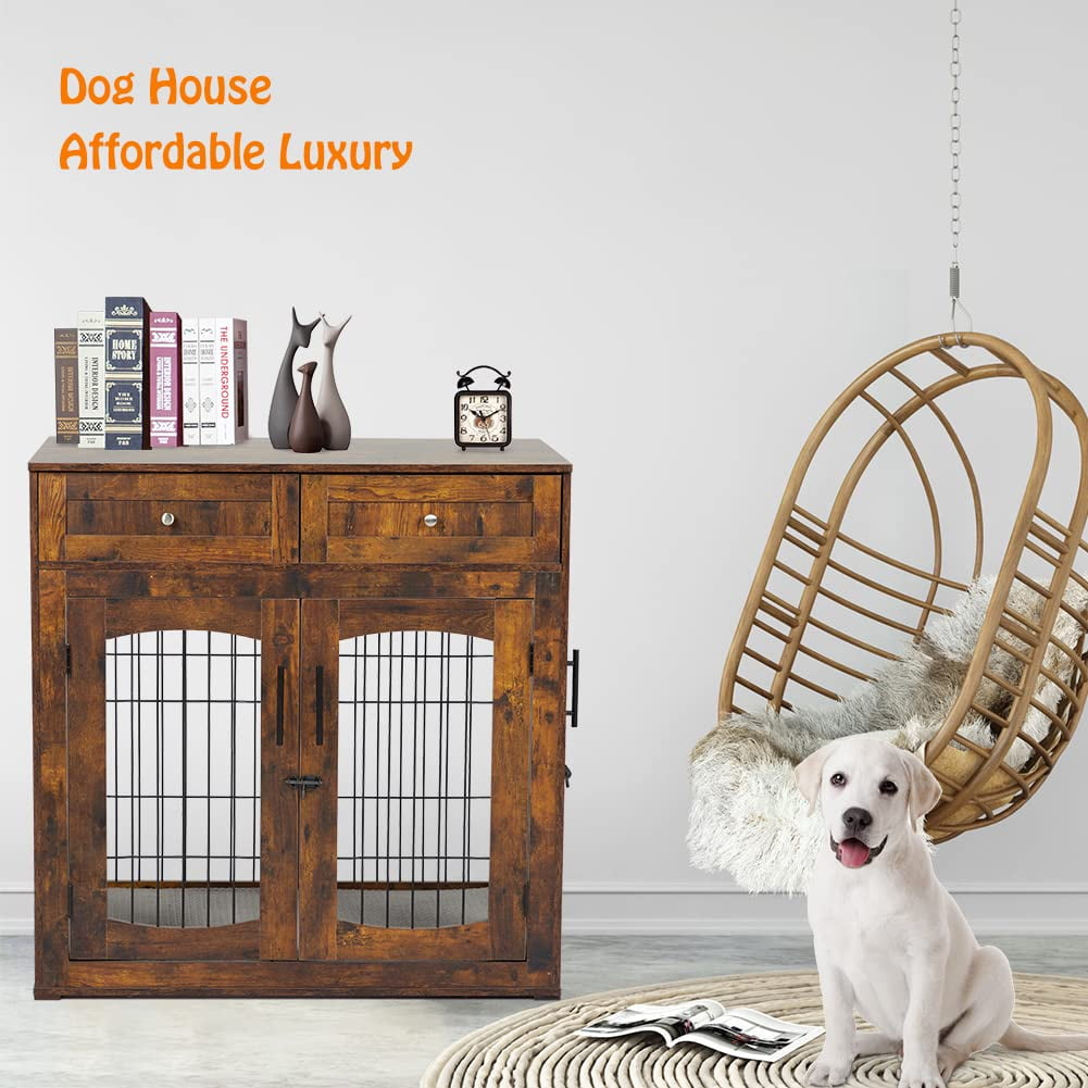 Kselythan Dog Crate Furniture with 3 Doors,39.4" Large Dog Crate with 2 Drawer & Cushion,Wooden Dog Crate Table Dog House Kennel for Medium/Large Dog,Indoor End Table Dog House Dog Cage