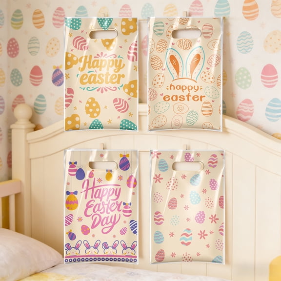 FEOLGEHLY 100 Pcs Easter Gift Bags 16.5x25cm, Multicolor Plastic Tote Bags with Easter Egg Print, Four In One Mixed Design Candy Bags with Twist Ties, Holiday Party Favor Packaging