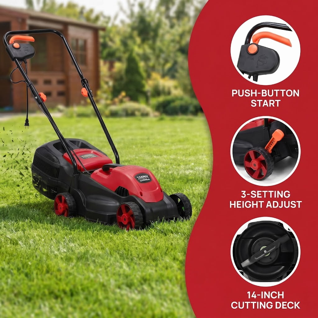 Kadyn 14 Inch 12 Amp Electric Push Corded Lawn Mower with 30L Grass Bag, 3 Adjustable Cutting Heights, Foldable Handle, One-Touch Start, Red