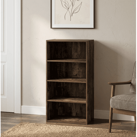 4-Tier Open Bookcase Rustic Brown Wooden Bookshelf and Cube Storage Organizer for Home Office Living Room