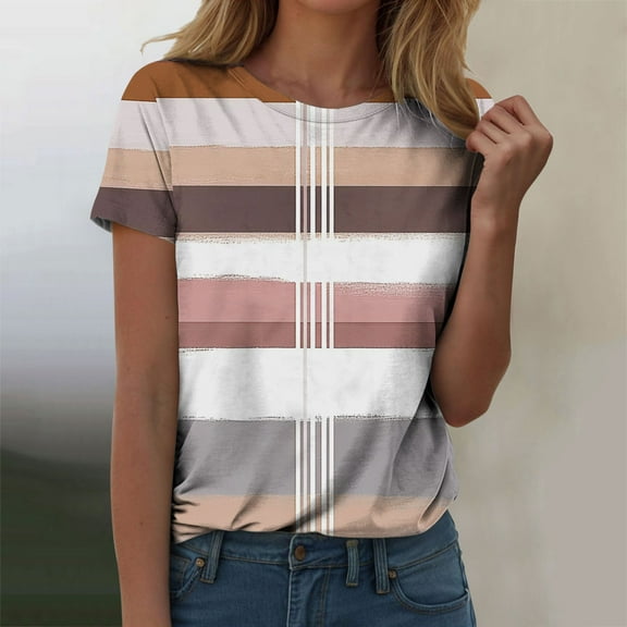 Womens Tops Plus Size Casual Print Short Sleeve Round Neck T-Shirt Stylish Summer Top Khaki XL