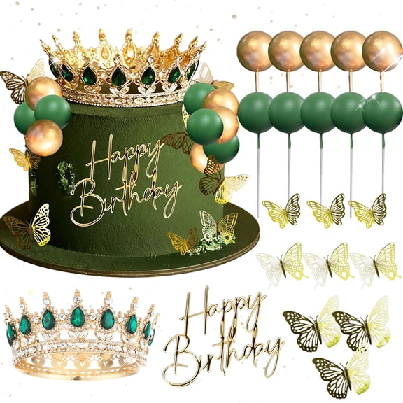 Emerald Crown Cake Decorations - Luxury Royal Theme Party Decor Set for Birthday Anniversary Celebrations