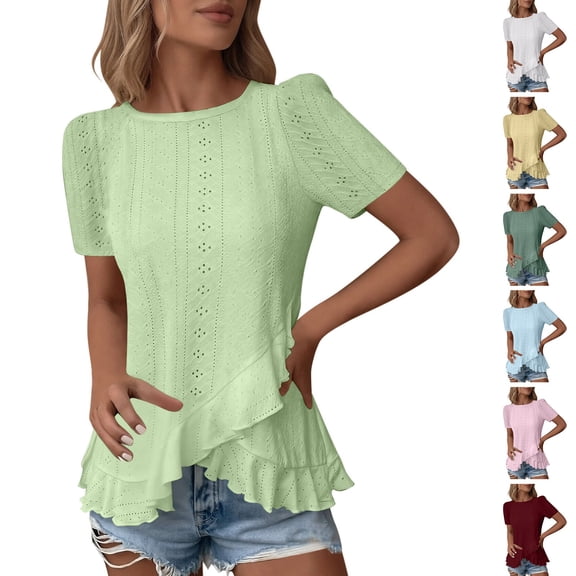 FRSASU Women's Eyelet T-Shirt Hollowed-Out Crew Neck Short Sleeve Cross Ruffle Hem Casual Summer Tunic Tops Yellow