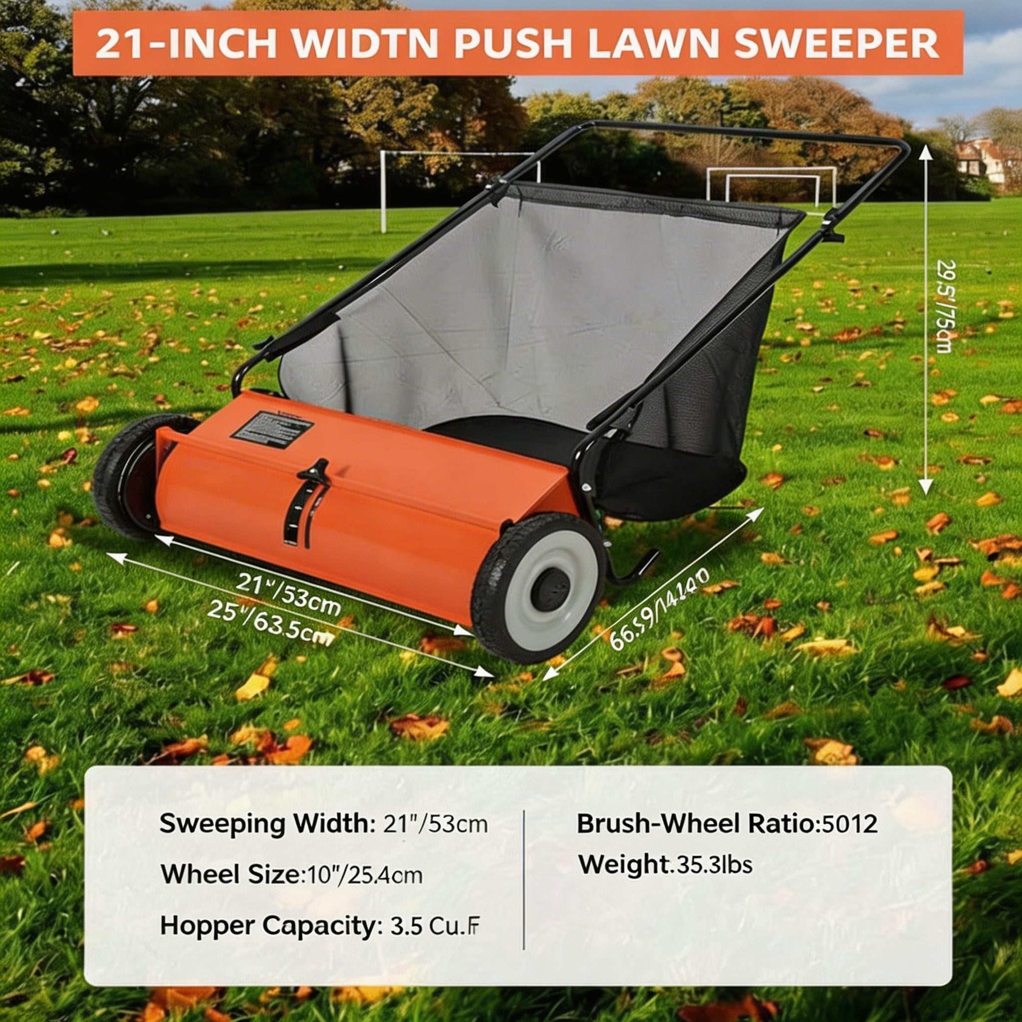 21 Inch Heavy Duty 4-Brush Push Lawn Sweeper, 3.5 Cu.Ft Large Collection Bag for Yard, Garden Cleanup