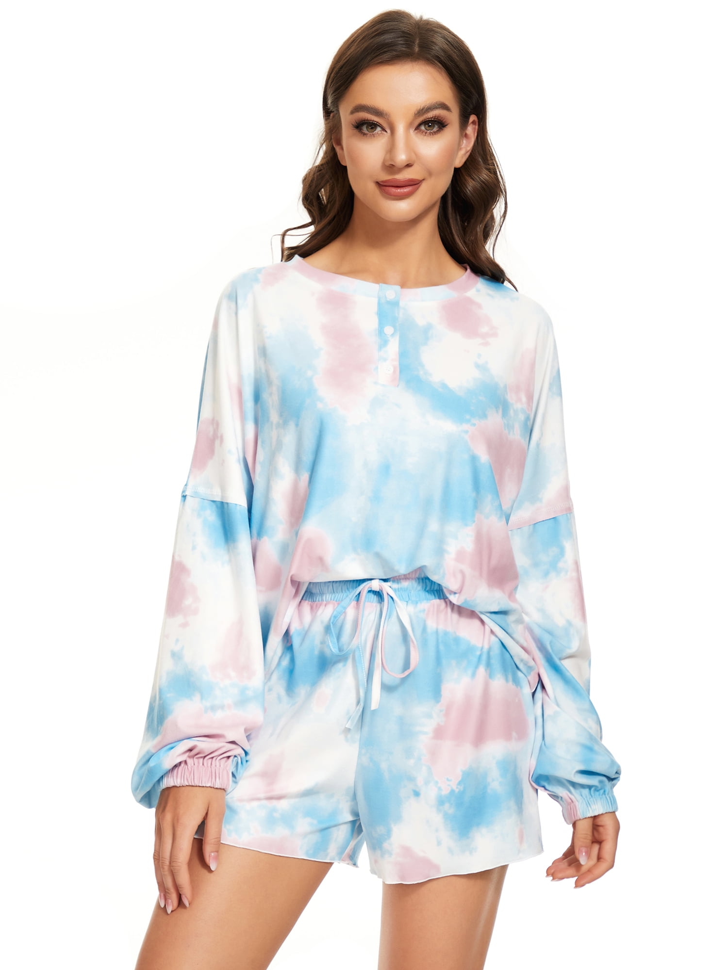 Ever-Pretty Women's Henly Neck Long Sleeve Short Pajamas Set Tie Dye ...