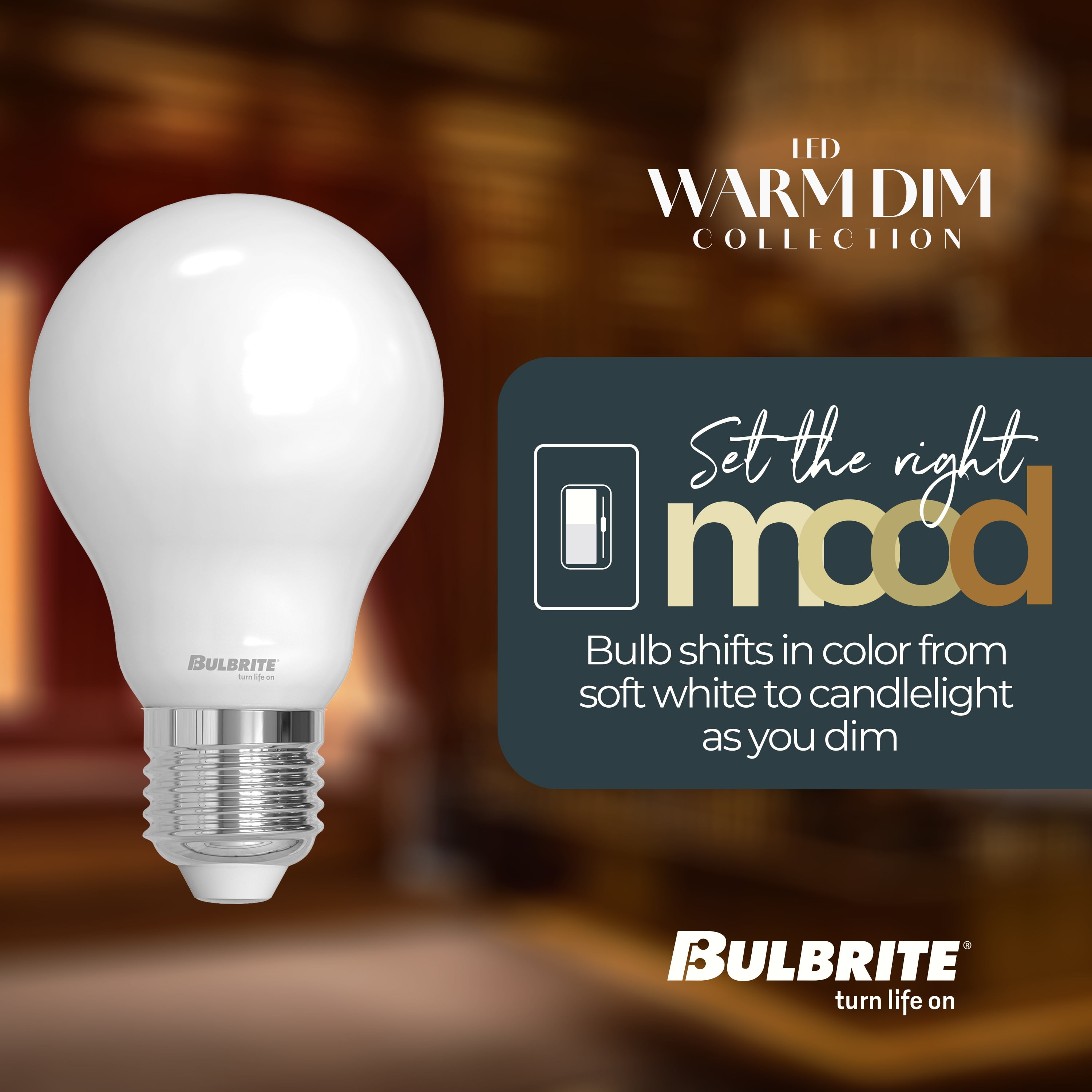 Bulbrite 9 Watt LED A19 Light Bulbs, Warm Dimming 3000K (Soft White) - 1800K (Candlelight), 800 Lumens, (2 Pack)