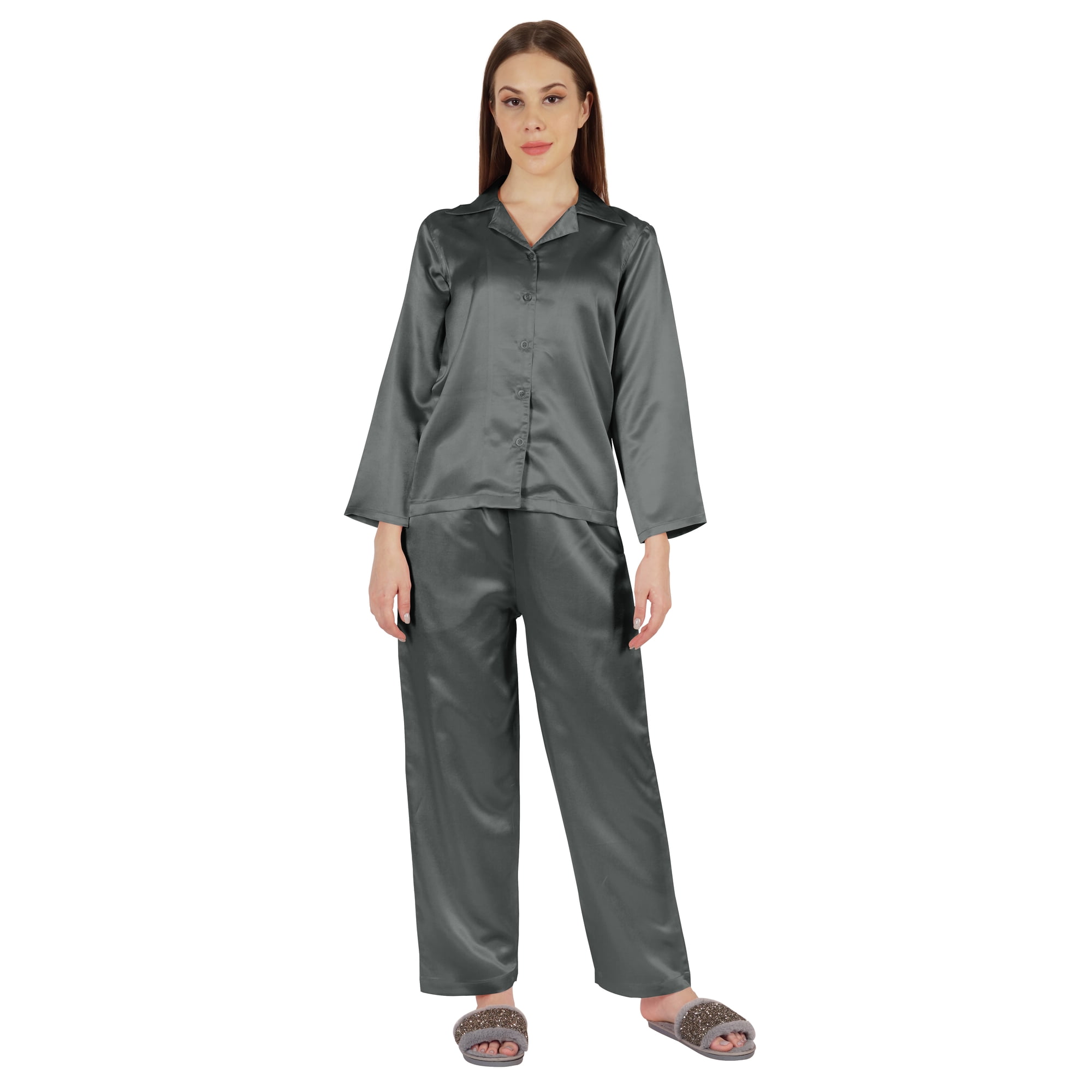 Moomaya Satin Nightwear Pajama Set For Womens Button Down Sleepwear Pj Set Soft Loungewear