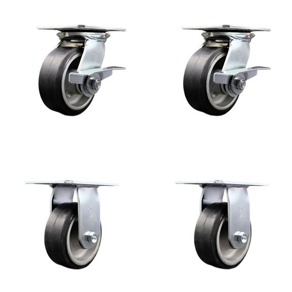 5 Inch Rubber on Aluminum Caster Set with Roller Bearing 2 Brakes and 2 Rigid
