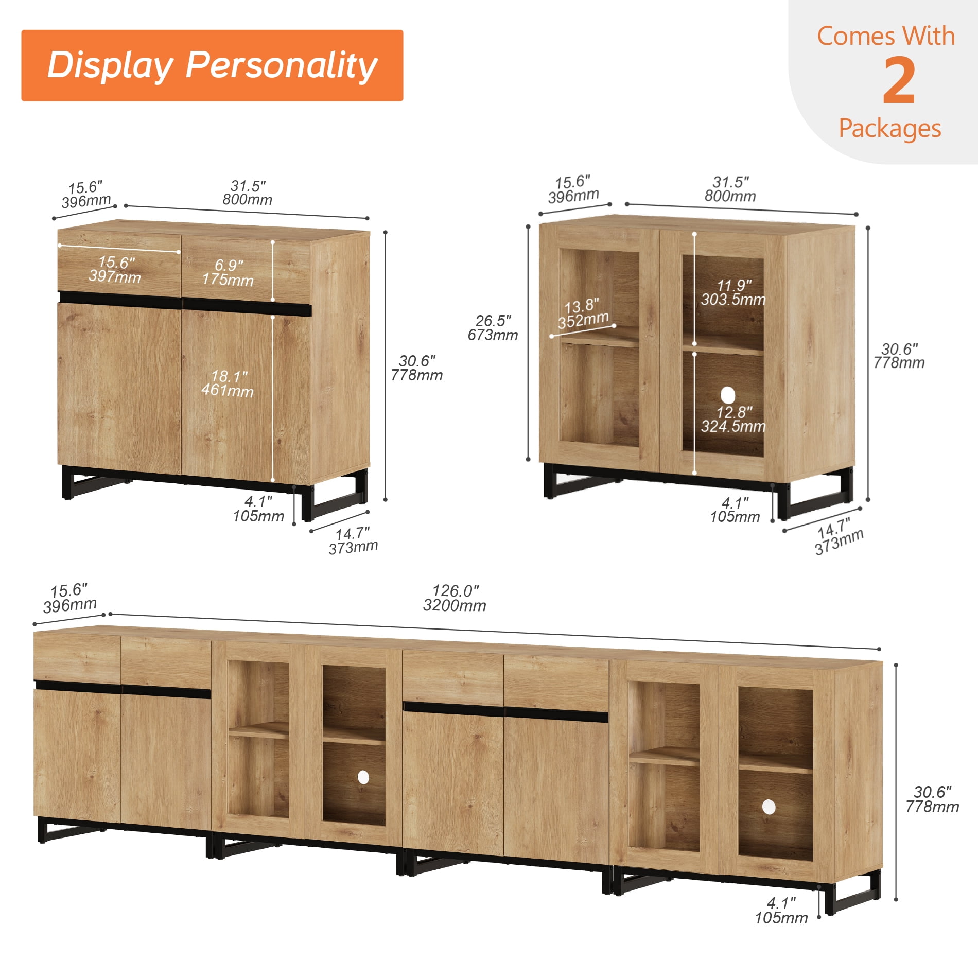 4 In 1 TV Stand For Tvs Up To 120 Inches, Modern Entertainment Center With Glass Doors And Metal Legs, TV Console With Adjustable Shelf,Oak